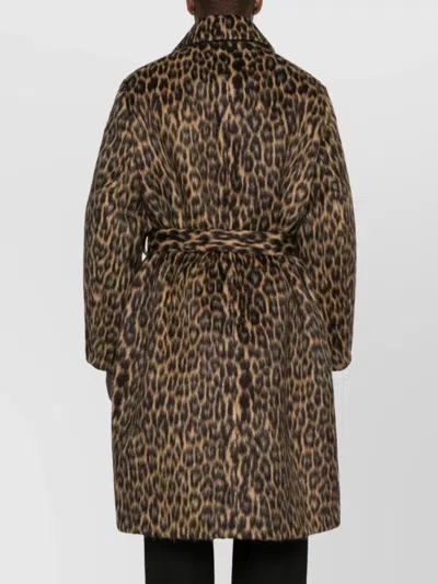 Lanvin Long Animal Print Coat With Belted Waist In Brown