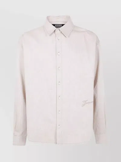 Jacquemus Simon Denim Long Sleeve Embroidered Shirt In Pink