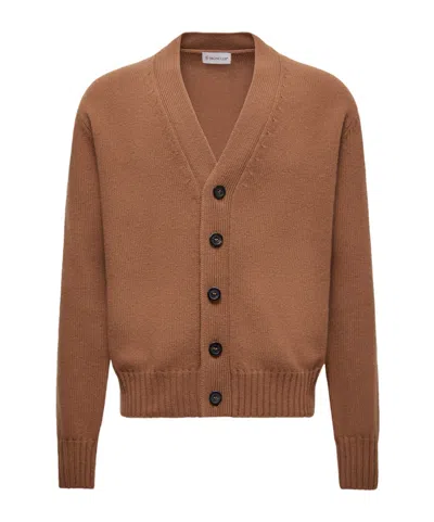 Moncler Logo Patch Virgin Wool Cardigan In Brown