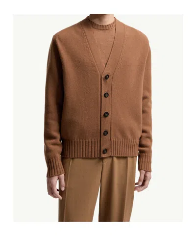 Moncler Logo Patch Virgin Wool Cardigan In Brown