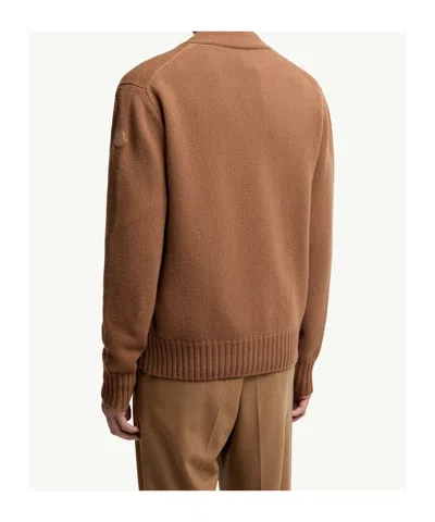 Moncler Logo Patch Virgin Wool Cardigan In Brown