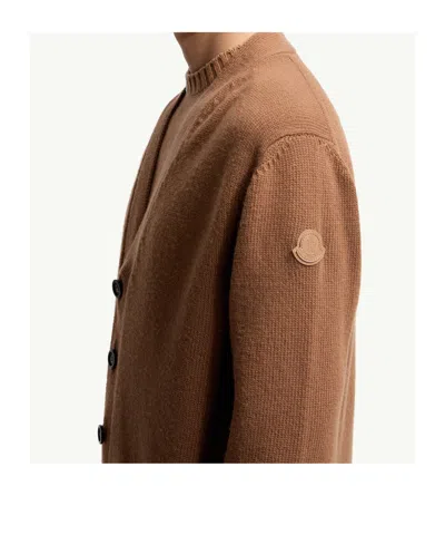 Moncler Logo Patch Virgin Wool Cardigan In Brown