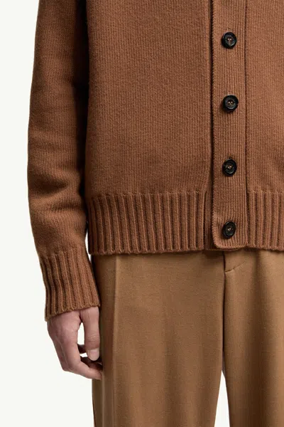 Moncler Logo Patch Virgin Wool Cardigan In Brown