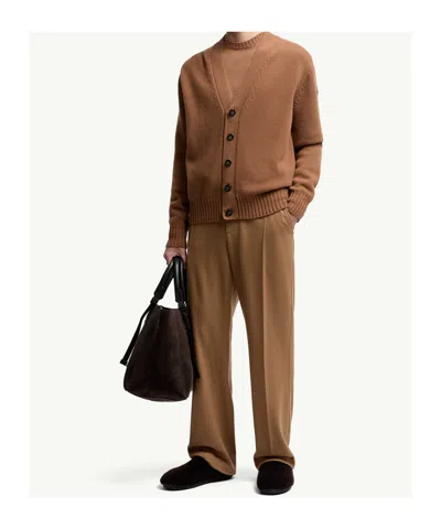 Moncler Logo Patch Virgin Wool Cardigan In Brown