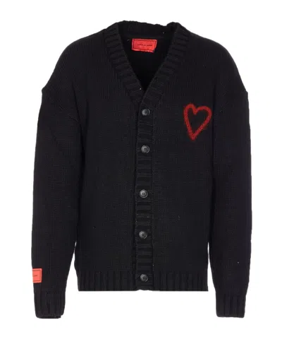 Vision Of Super Heart-embroidered Button Cardigan In Black