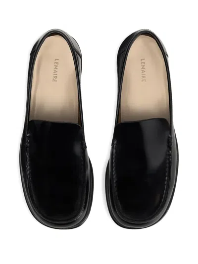 Lemaire Polished Black Calf Leather Loafers With Tonal Stitching In Black