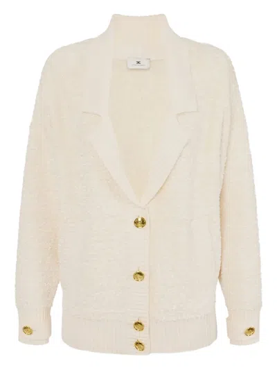 Elisabetta Franchi Bouclé Chenille Cardigan With Jewel Buttons In Neutral