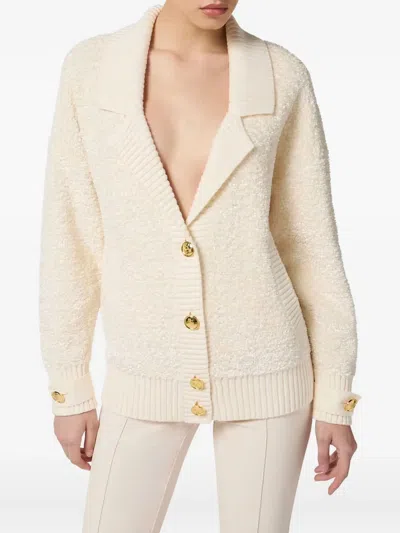Elisabetta Franchi Bouclé Chenille Cardigan With Jewel Buttons In Neutral