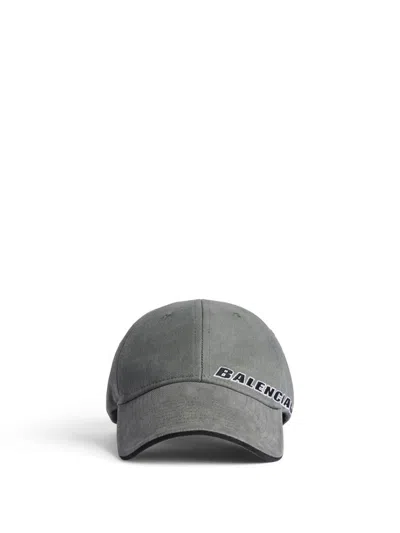 Balenciaga Tilted Typo Distressed Cotton Twill Baseball Cap In Gray