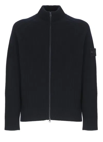 Stone Island Textured Knit Wool Cardigan In Blue