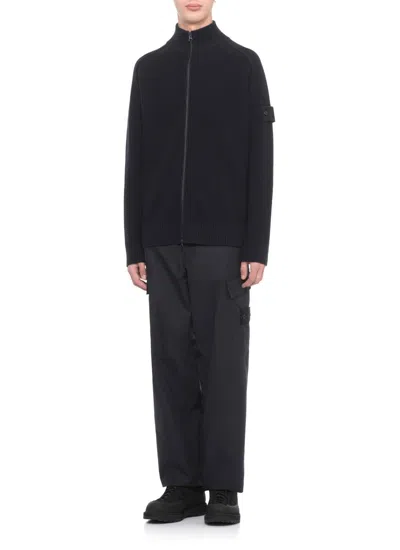 Stone Island Textured Knit Wool Cardigan In Blue