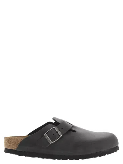 Birkenstock Slate Leather Boston Slippers In Black