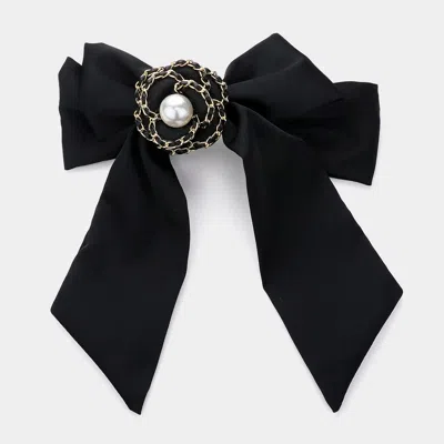 Fashnzfab Pearl Pointed Faux Leather Braided Flower Center Oversized Bow Barrette In Black