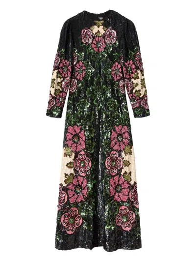 La Doublej Sequin-embroidery Floral-pattern Maxi Dress In Black