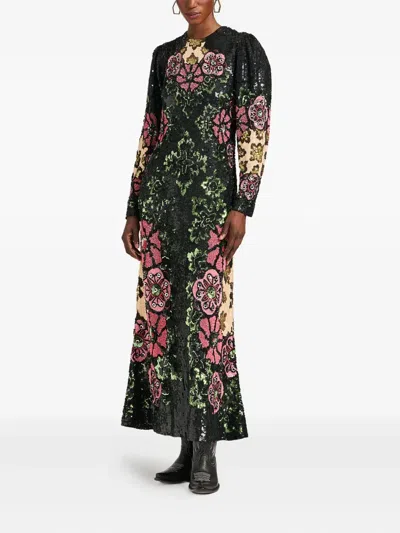 La Doublej Sequin-embroidery Floral-pattern Maxi Dress In Black