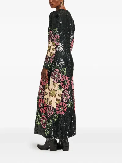 La Doublej Sequin-embroidery Floral-pattern Maxi Dress In Black