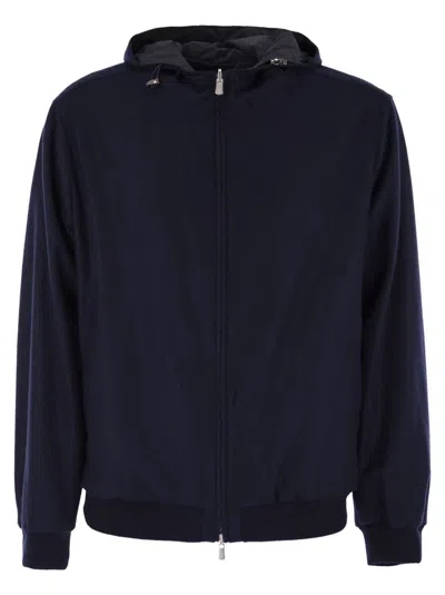 Fedeli Reversible Bomber Jacket With Hood In Cashmere Flannel And Airstop In Blue