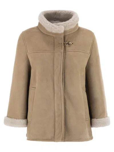 Fay Boxy Beige Suede Coat With Plush Shearling Lining In Brown