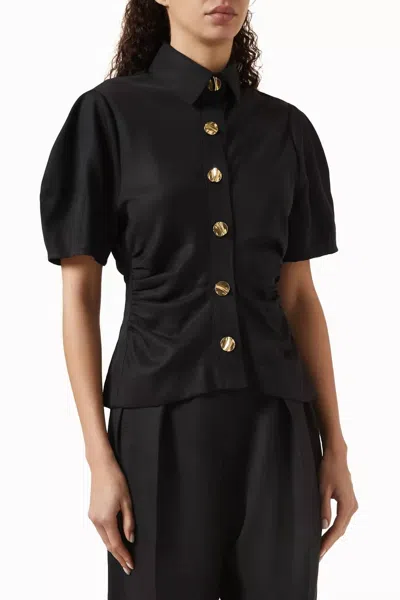 Matthew Bruch Shirred Puff Sleeve Button Down Shirt In Black In Black