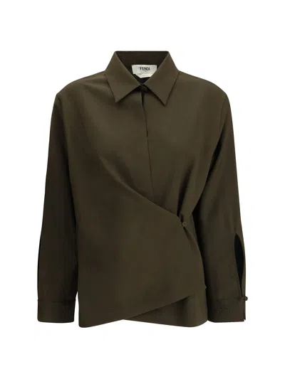 Fendi Women Green Shirt With Asymmetric Side Closure And Cut-out Detail On The Front In Wool Woman In Green