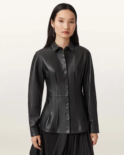Allsaints Main: 100% Lamb Leather Larson Leather Pleated Shirt In Black