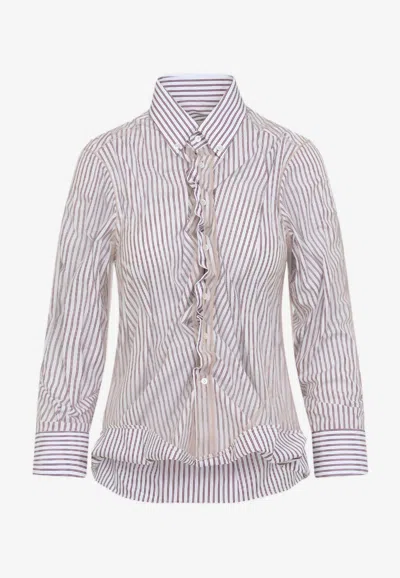 Maison Margiela Vertical Stripe Fitted Shirt With Ruffled Detail In Red