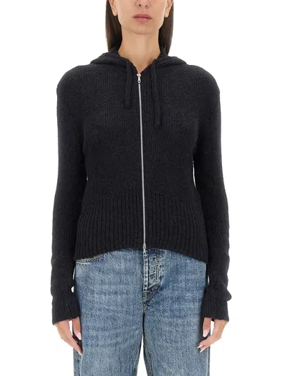 Our Legacy Hooded Zip-up Knit Sweater With Ribbed Details In Black