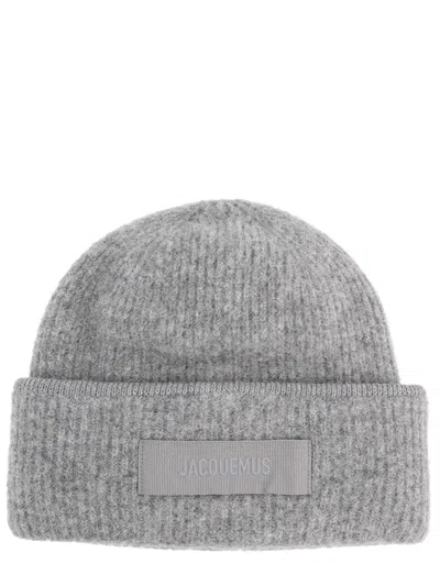 Jacquemus Soft Ribbed Knit Cap With Grosgrain Label Detail In Gray