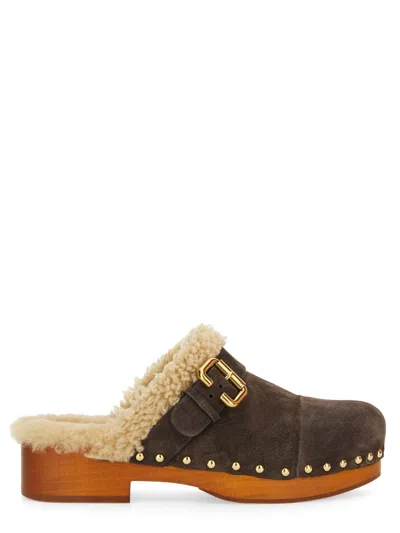 Chloé Mules With Buckle And Studded Trim In Brown