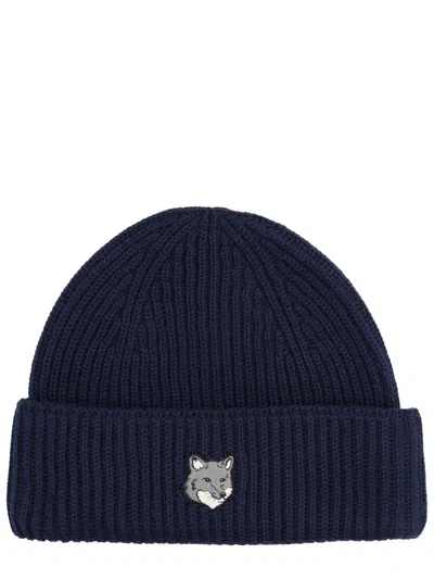 Maison Kitsuné Beanie With Fox Patch In Blue