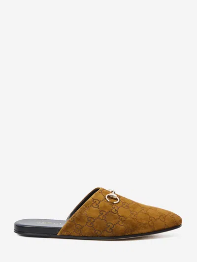 Gucci Men Brown Mule With Horsebit On The Front And All-over Gg Motif In Suede Man In Brown