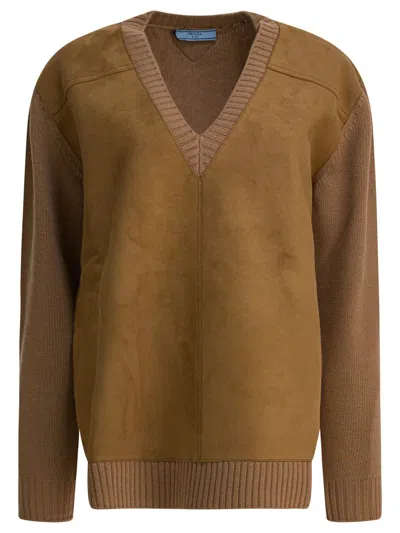Prada Cashmere And Wool Knitwear V Neck In Brown