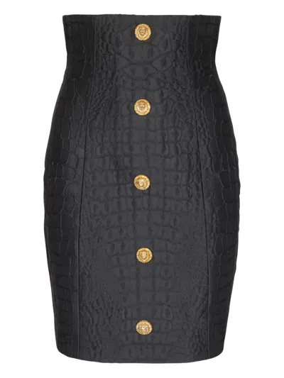 Balmain Crocodile-effect Button Mini Skirt In Black