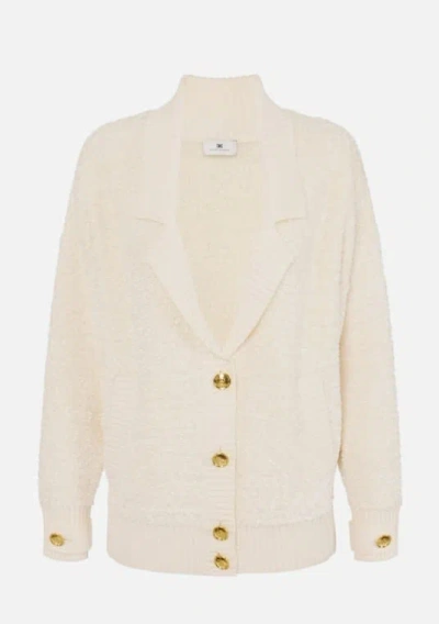 Elisabetta Franchi Bouclé Chenille Cardigan With Jewel Buttons In White