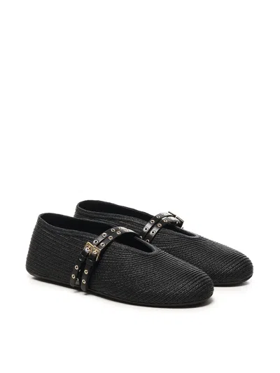 Alaïa Straw Ballerinas With Double Buckle Detail In Black