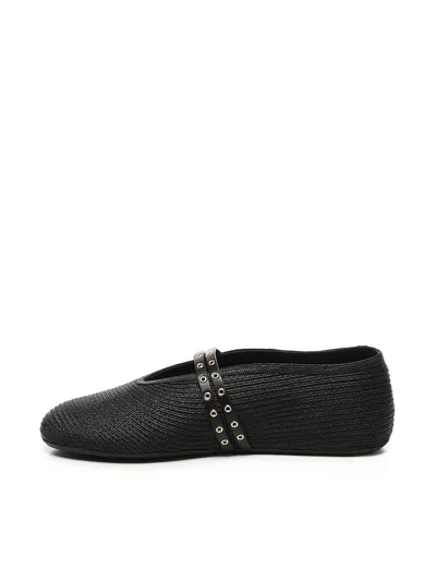 Alaïa Straw Ballerinas With Double Buckle Detail In Black
