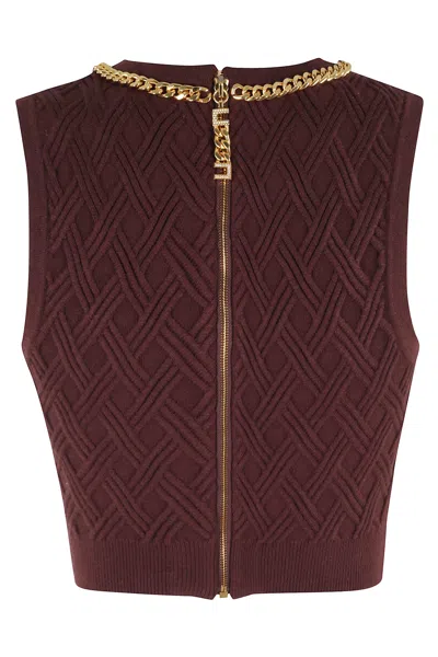 Elisabetta Franchi Cropped Sleeveless Sweater Gold Chain Detail In Burgundy