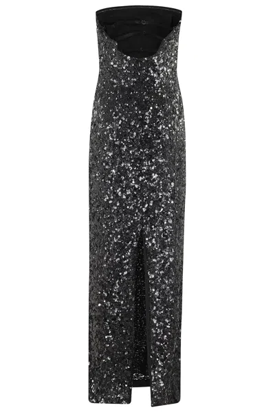 Pinko Strapless Floor-length Sequined Dress In Black