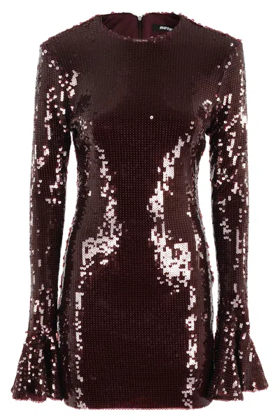 Rotate Birger Christensen Bordeaux Sequin Crewneck Mini Dress With Flared Sleeves In Tech Fabric Stretch Woman In Brown