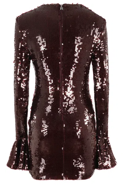 Rotate Birger Christensen Bordeaux Sequin Crewneck Mini Dress With Flared Sleeves In Tech Fabric Stretch Woman In Brown