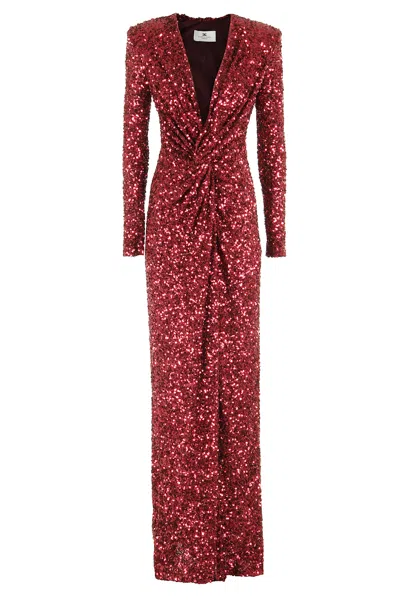 Elisabetta Franchi Bordeaux Sequin Evening Dress With Padded Shoulders In Burgundy