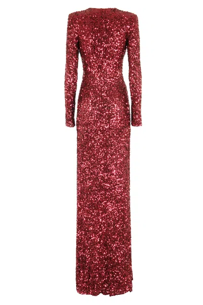 Elisabetta Franchi Bordeaux Sequin Evening Dress With Padded Shoulders In Burgundy