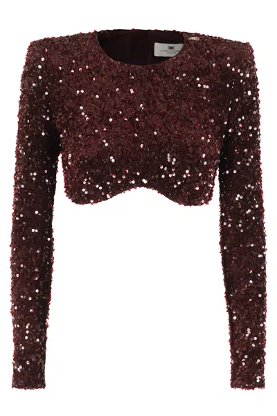 Elisabetta Franchi Cropped Long-sleeved Top With Scalloped Hem In Burgundy