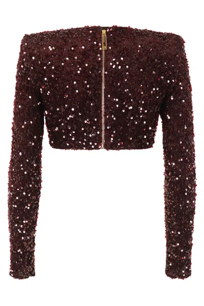 Elisabetta Franchi Cropped Long-sleeved Top With Scalloped Hem In Burgundy