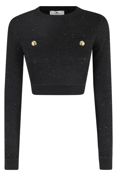 Elisabetta Franchi Textured Knit Cropped Sweater With Jewel-button Pockets In Black