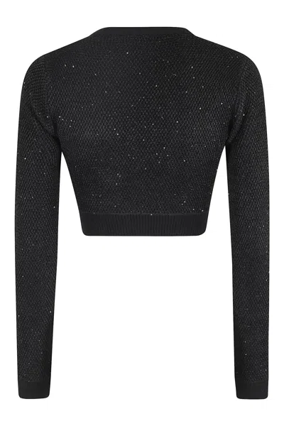 Elisabetta Franchi Textured Knit Cropped Sweater With Jewel-button Pockets In Black