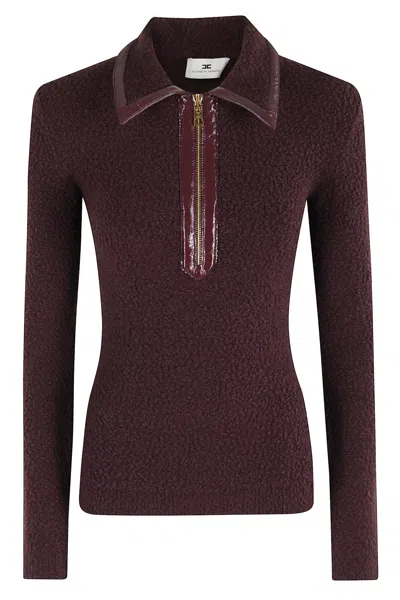 Elisabetta Franchi Tricot Sweater With Zippered Front And Contrast Trim In Red