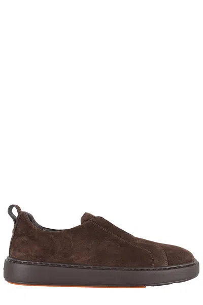 Santoni Suede Slip-on Trainer With Double Buckle Decoration In Brown