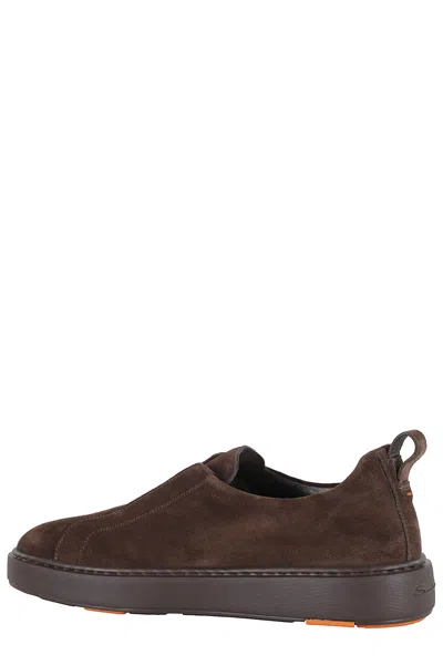 Santoni Suede Slip-on Trainer With Double Buckle Decoration In Brown
