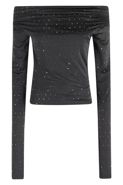 The Andamane Zaphyr Crystal Long-sleeve Top With Asymmetrical Neckline In Black